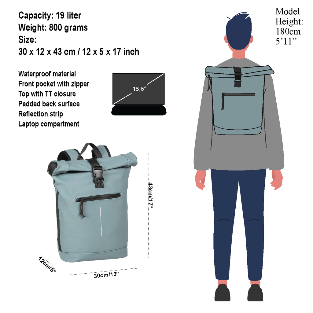 New Rebels Mart New York Hellblau 19L Rucksack Rolltop Wasserabweisend Laptop 15.6