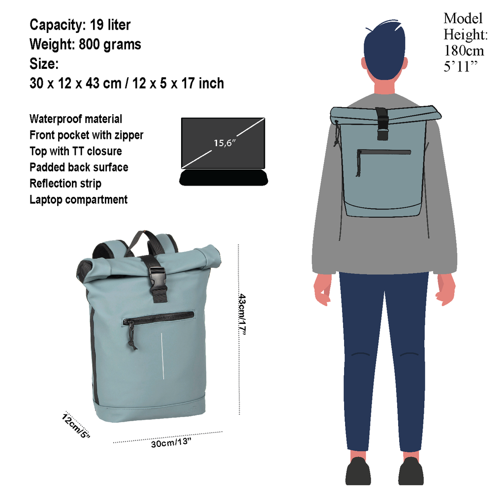 New Rebels New Rebels Mart New York Soft Blue 21L Backpack Rolltop Water Repellent Laptop 15.6"
