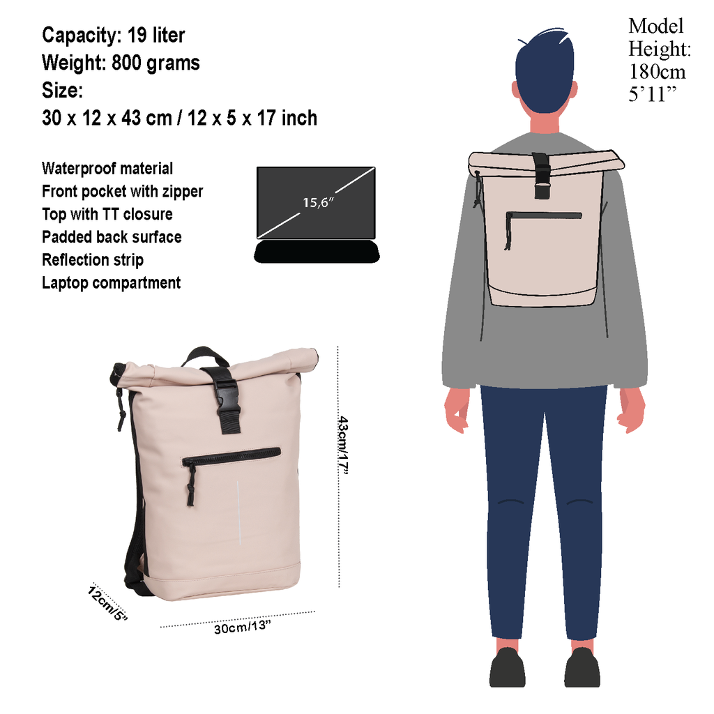 New Rebels Mart New York Soft Pink 19L Backpack Rolltop Water Repellent Laptop 15.6