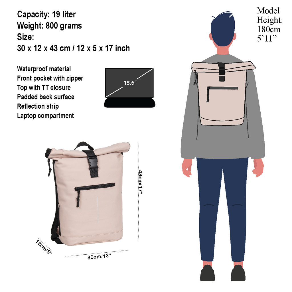 New Rebels Mart New York Soft Rosa 19L Rucksack Rolltop Wasserabweisend Laptop 15.6