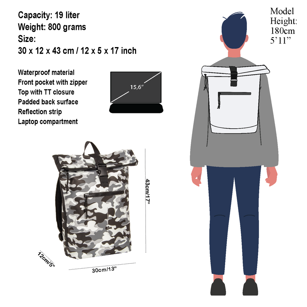 New Rebels Mart New York Camouflage Army 19L Backpack Rolltop Water Repellent Laptop 15.6