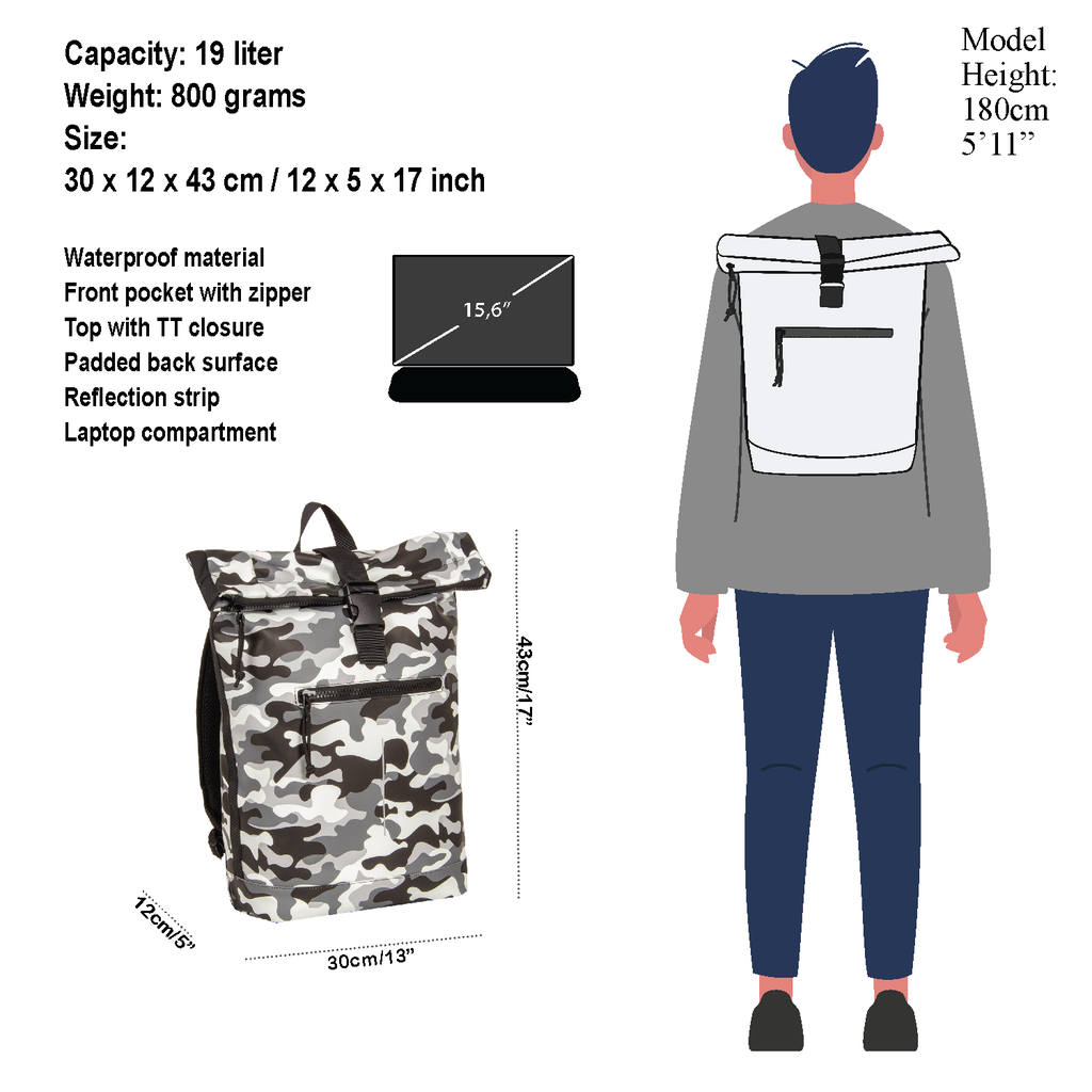 New Rebels Mart New York Camouflage Army 19L Rucksack Rolltop Wasserabweisend Laptop 15.6