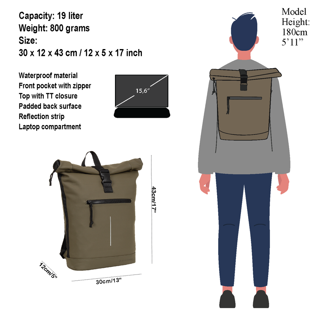 New Rebels New Rebels Mart New York Olive Green 21L Backpack Rolltop Water Repellent Laptop 15.6"