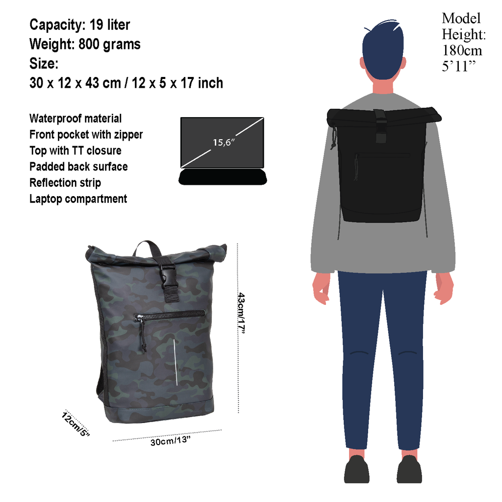 New Rebels New Rebels Mart New York Camouflage Army Dunkel 21L Rucksack Rolltop Wasserabweisend Laptop 15.6"