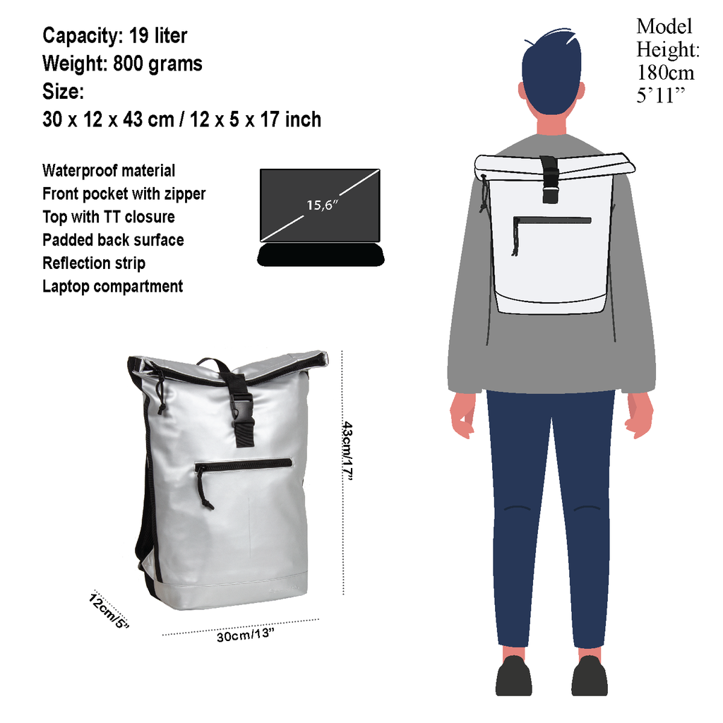 New Rebels Mart New York Silber 19L Rucksack Rolltop Wasserabweisend Laptop 15.6