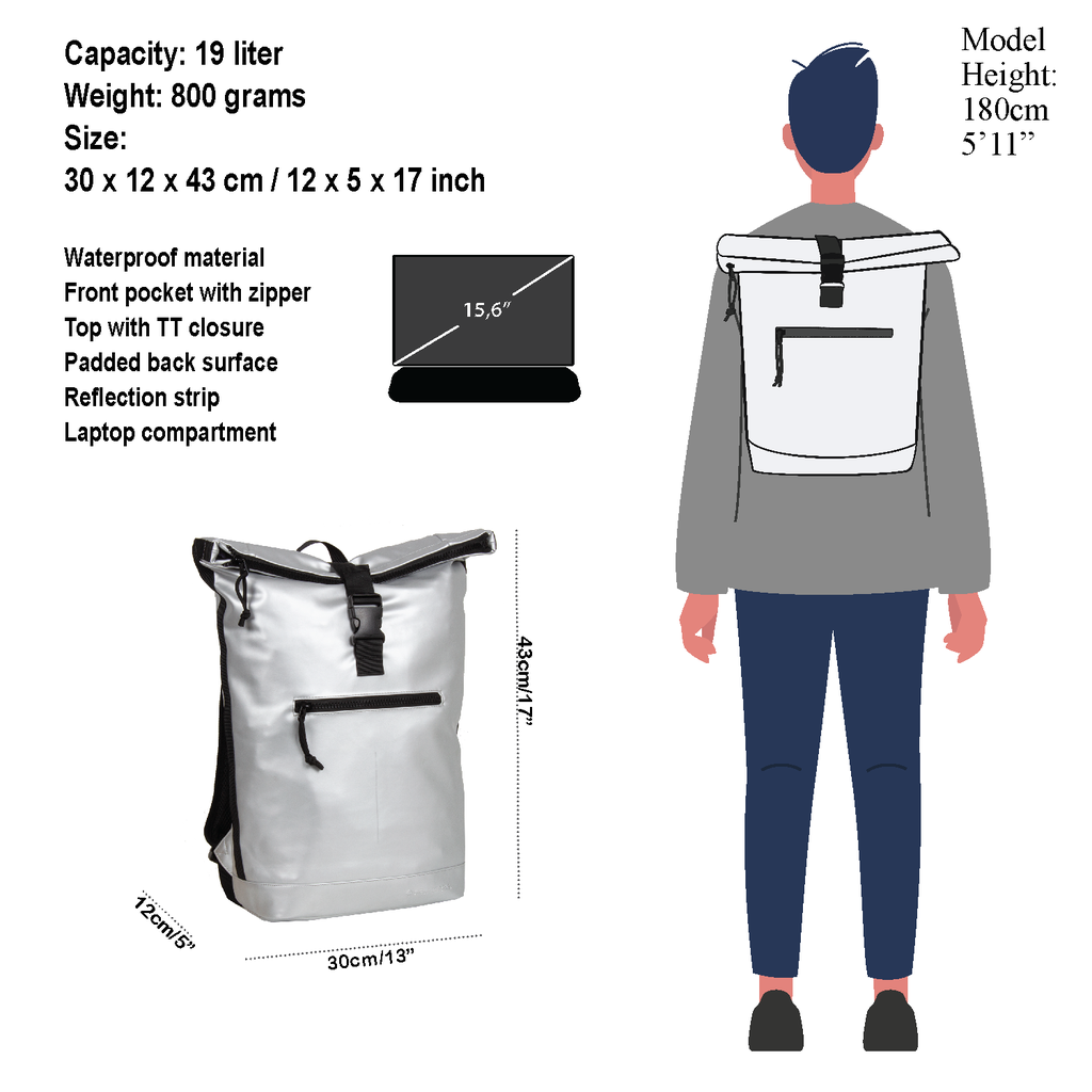 New Rebels New Rebels Mart New York Metallic Silver 21L Backpack Rolltop Water Repellent Laptop 15.6"