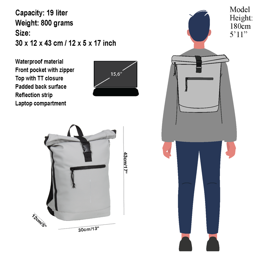 New Rebels Mart New York Hellgrau 19L Rucksack Rolltop Wasserabweisend Laptop 15.6