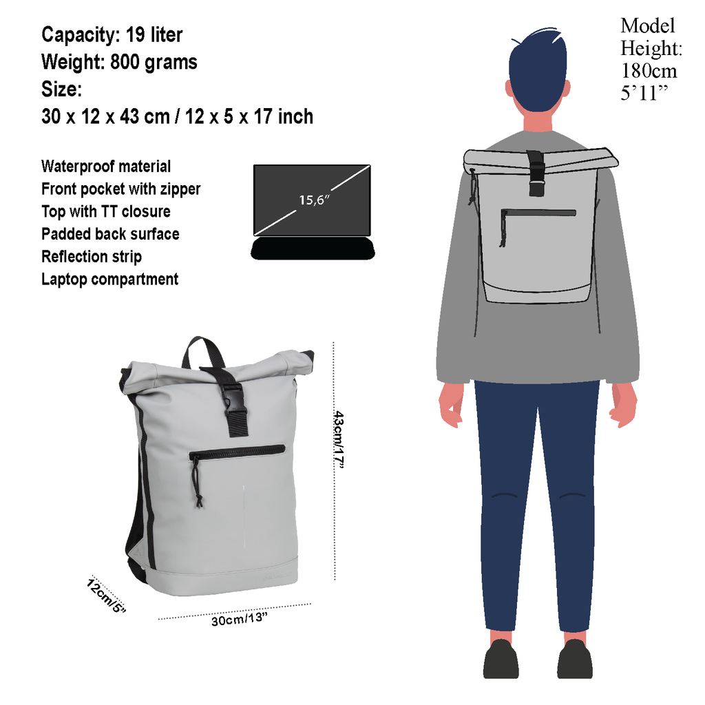 New Rebels New Rebels Mart New York Light Gray 21L Backpack Rolltop Water Repellent Laptop 15.6"