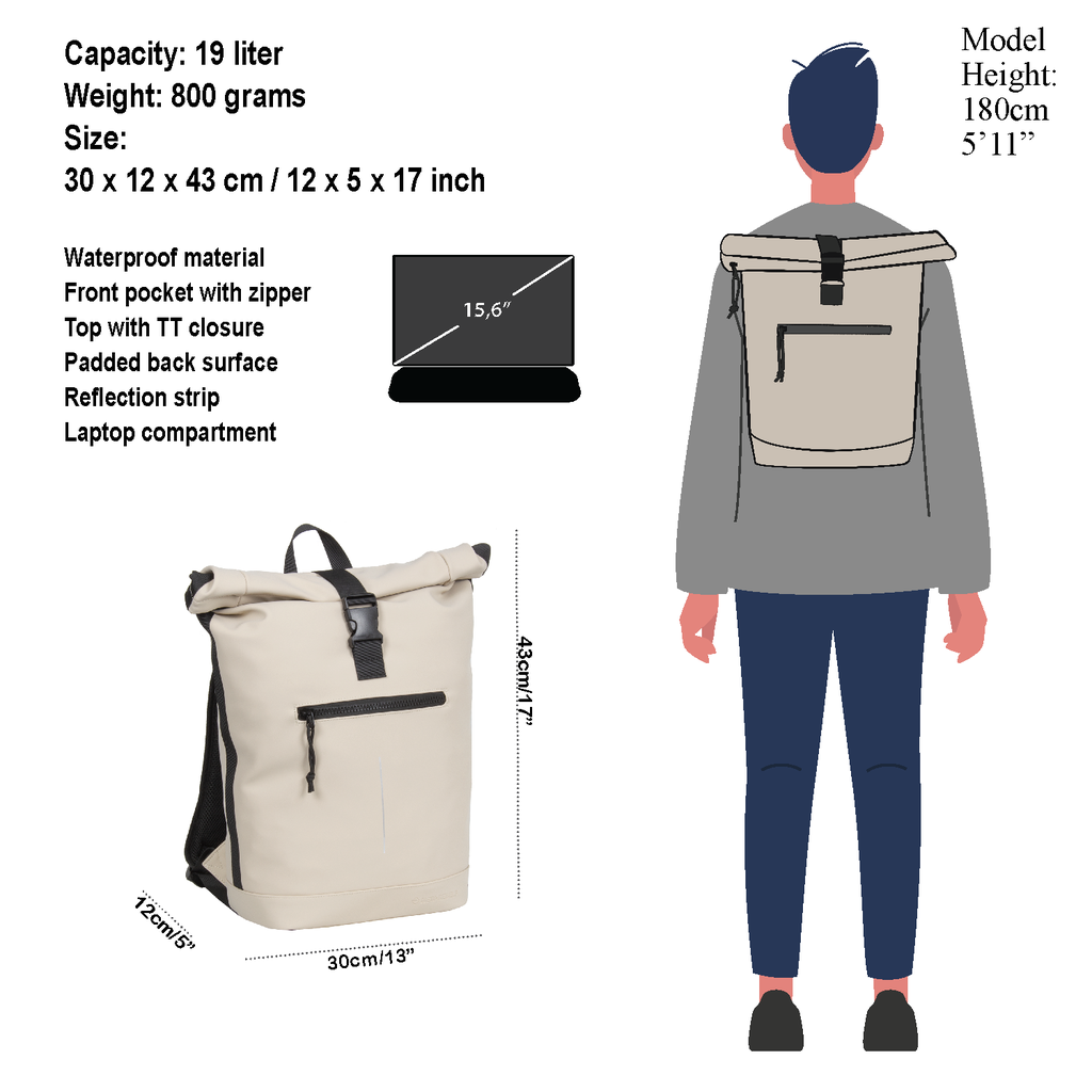 New Rebels New Rebels Mart New York Beige 21L Backpack Rolltop Water Repellent Laptop 15.6"