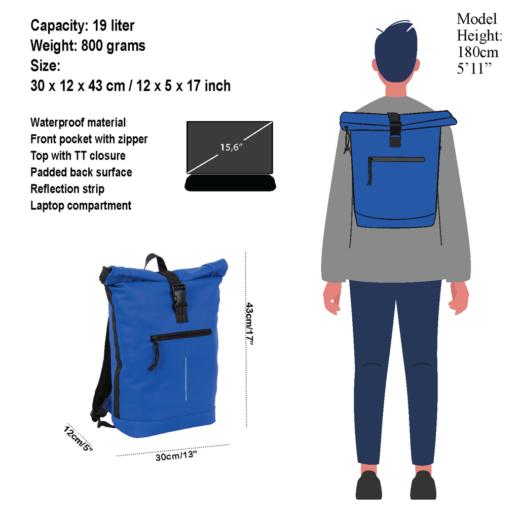 New Rebels Mart New York Kobaltblau 19L Rucksack Rolltop Wasserabweisend Laptop 15.6