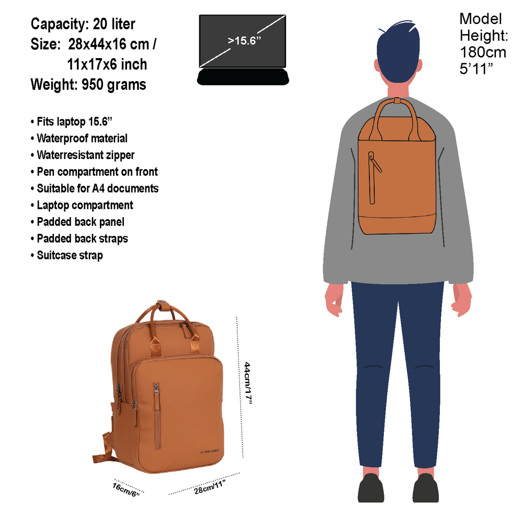 New Rebels New Rebels William Milwaukee Cognac 18L Rugzak Waterafstotend Laptop 15.6"