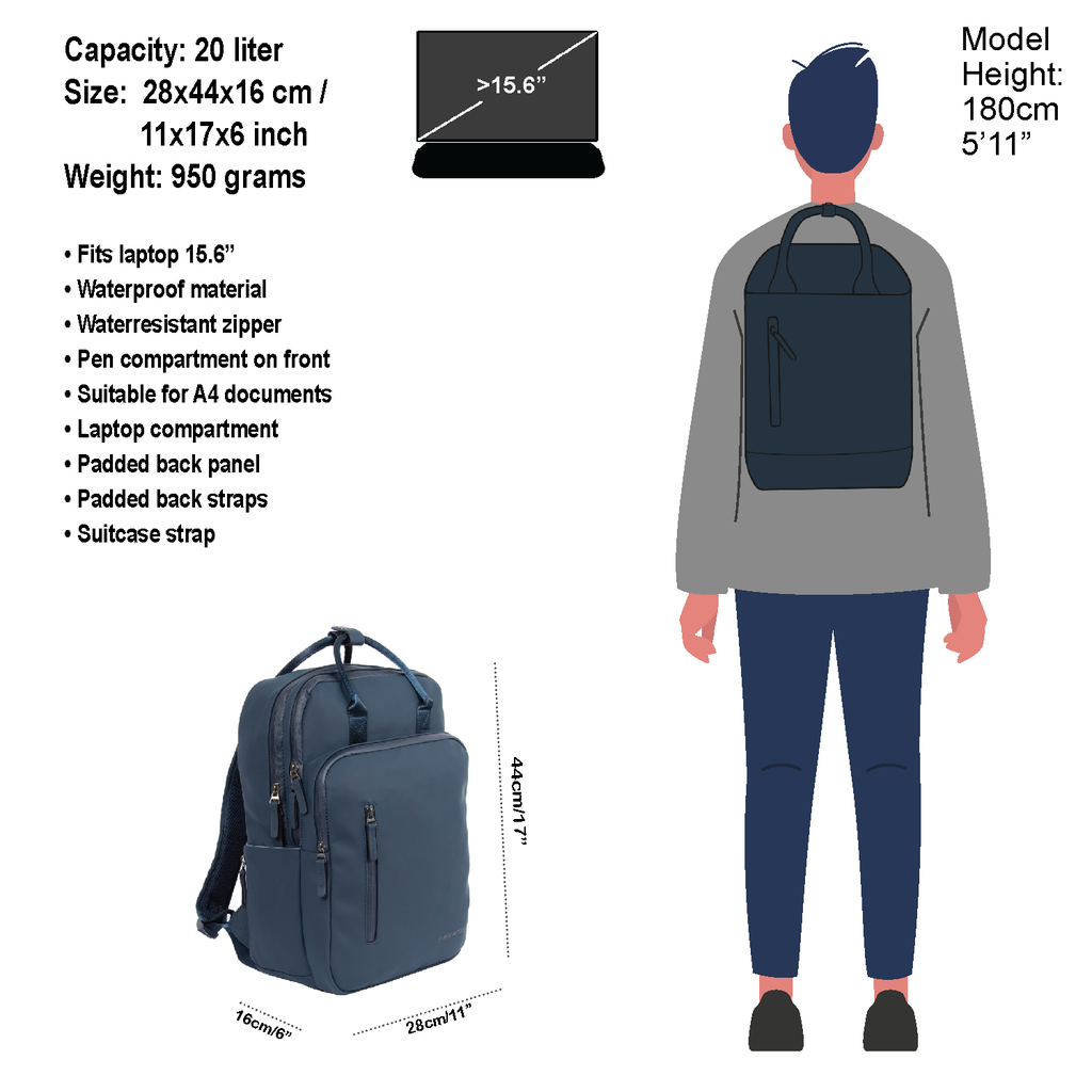 New Rebels New Rebels William Milwaukee Marineblau 18L Rucksack Wasserabweisend Laptop 15.6"