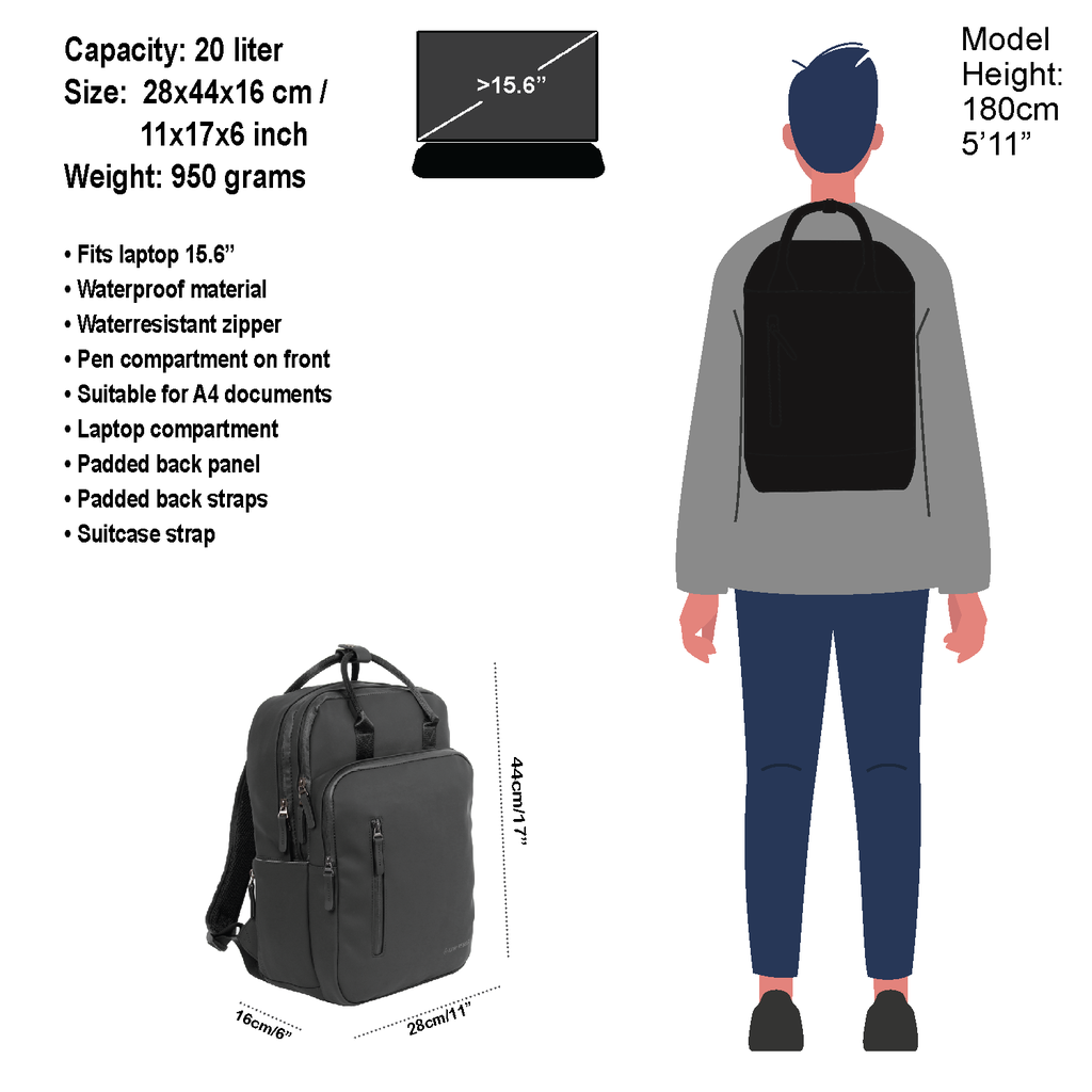 New Rebels New Rebels William Milwaukee Black 18L Backpack Water Repellent Laptop 15.6"