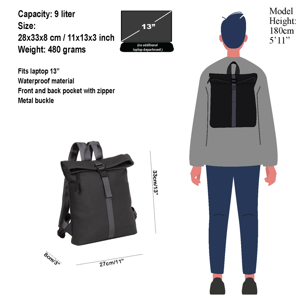 New Rebels New Rebels ® Tim Rolltop  Rugzak Klein Zwart/Grijs