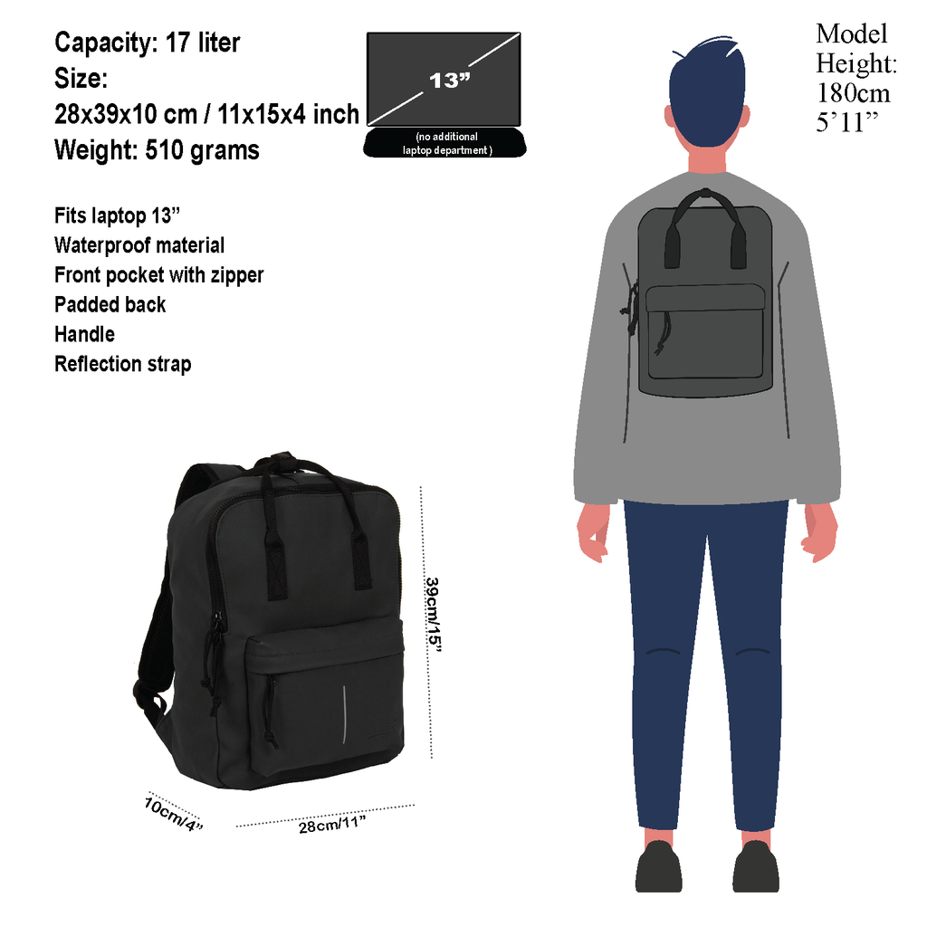 New Rebels New Rebels Mart Chicago Schwarz 17L Rucksack Wasserabweisend Laptop 13"