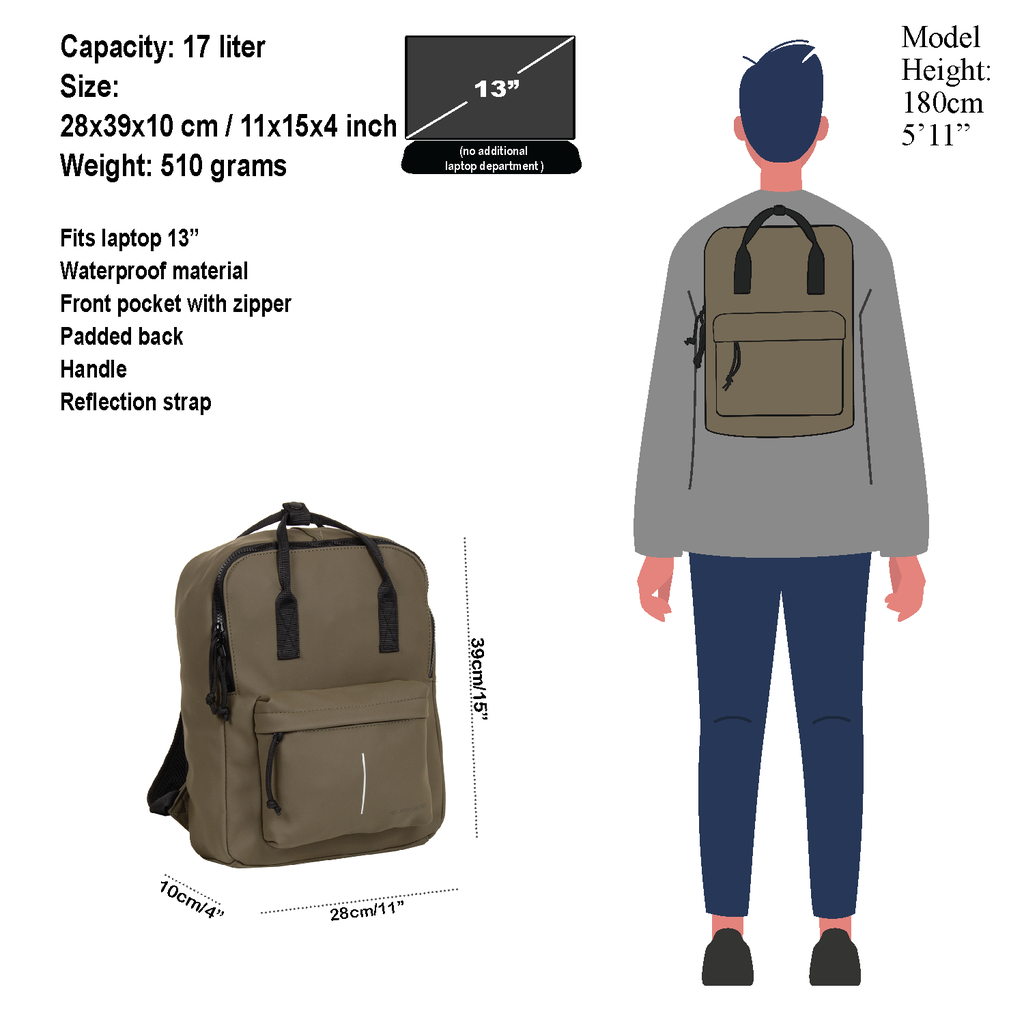 New Rebels New Rebels Mart Chicago Olive Green 17L Backpack Water Repellent Laptop 13"