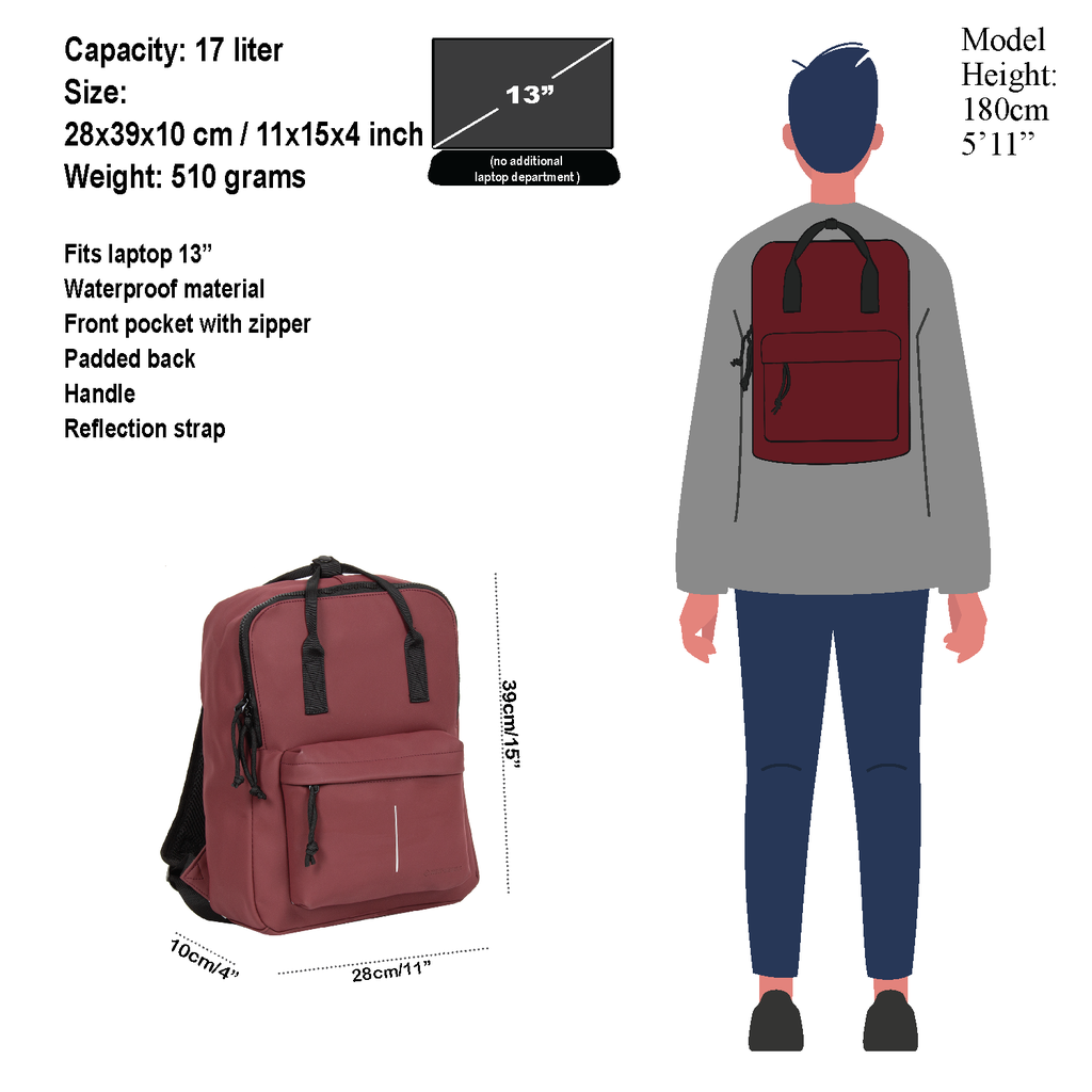 New Rebels New Rebels Mart Chicago Burgundy 17L Backpack Water Repellent Laptop 13"