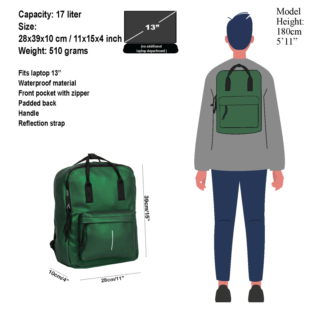 New Rebels New Rebels Mart Chicago Metallic Grün 17L Rucksack Wasserabweisend Laptop 13"