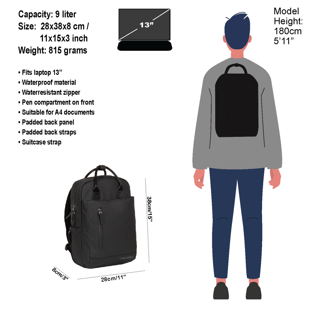 New Rebels New Rebels Harper Miami Black 10L Backpack Water Repellent Laptop 13"