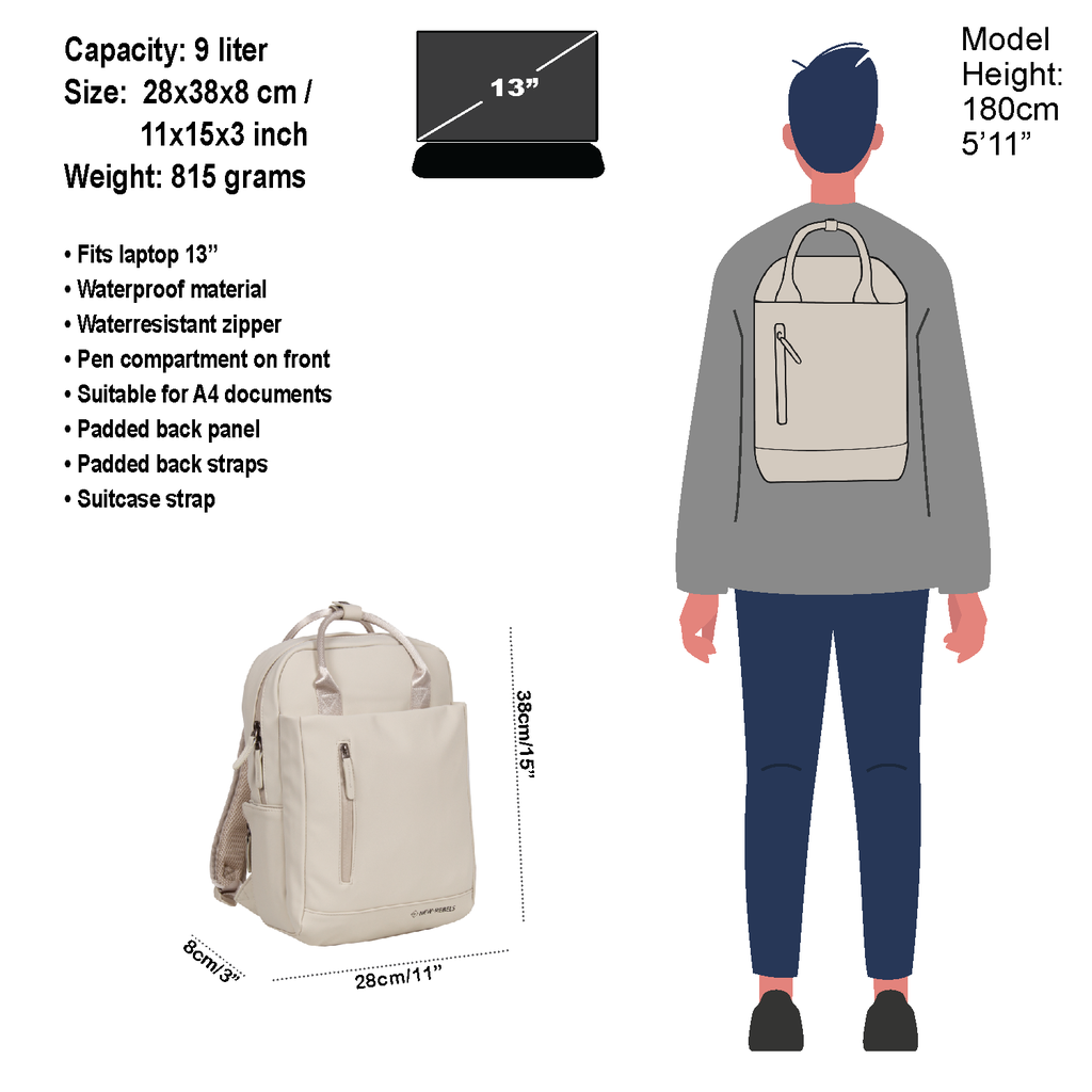 New Rebels New Rebels Harper Miami Rugzak 9L Waterafstotende Laptop Rugtas 13 inch Schooltas en Werktas van PU Comfortabel Beige