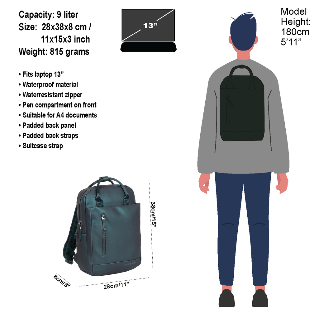 New Rebels New Rebels Harper Miami Rugzak 9L Waterafstotende Laptop Rugtas 13 inch Schooltas en Werktas van PU Comfortabel Metalic Groen