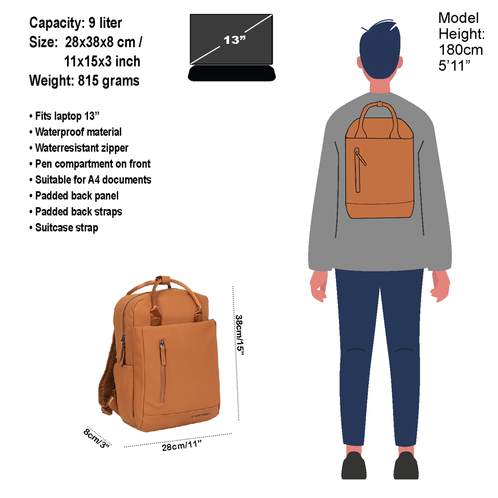 New Rebels New Rebels Harper Miami Cognac 10L Backpack Water Repellent Laptop 13"