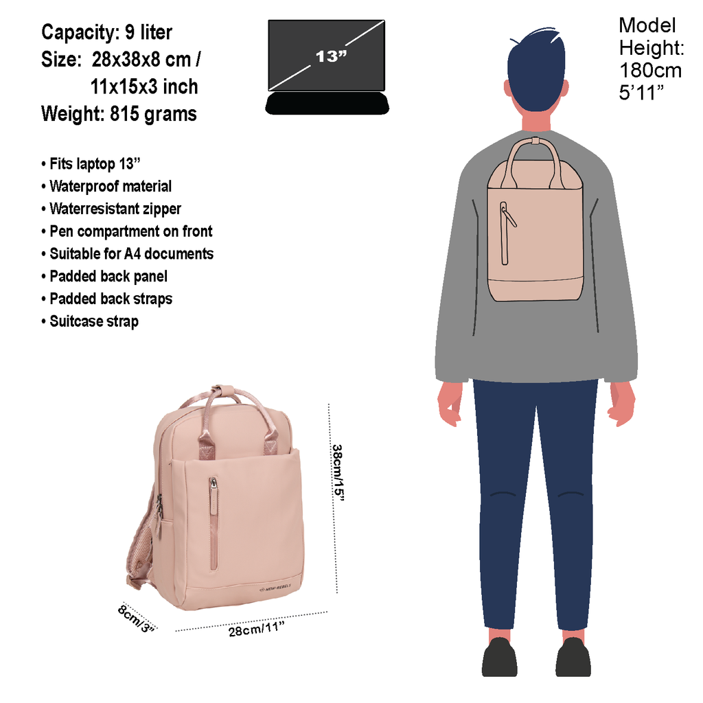 New Rebels New Rebels Harper Miami Old Pink 10L Backpack Water Repellent Laptop 13"