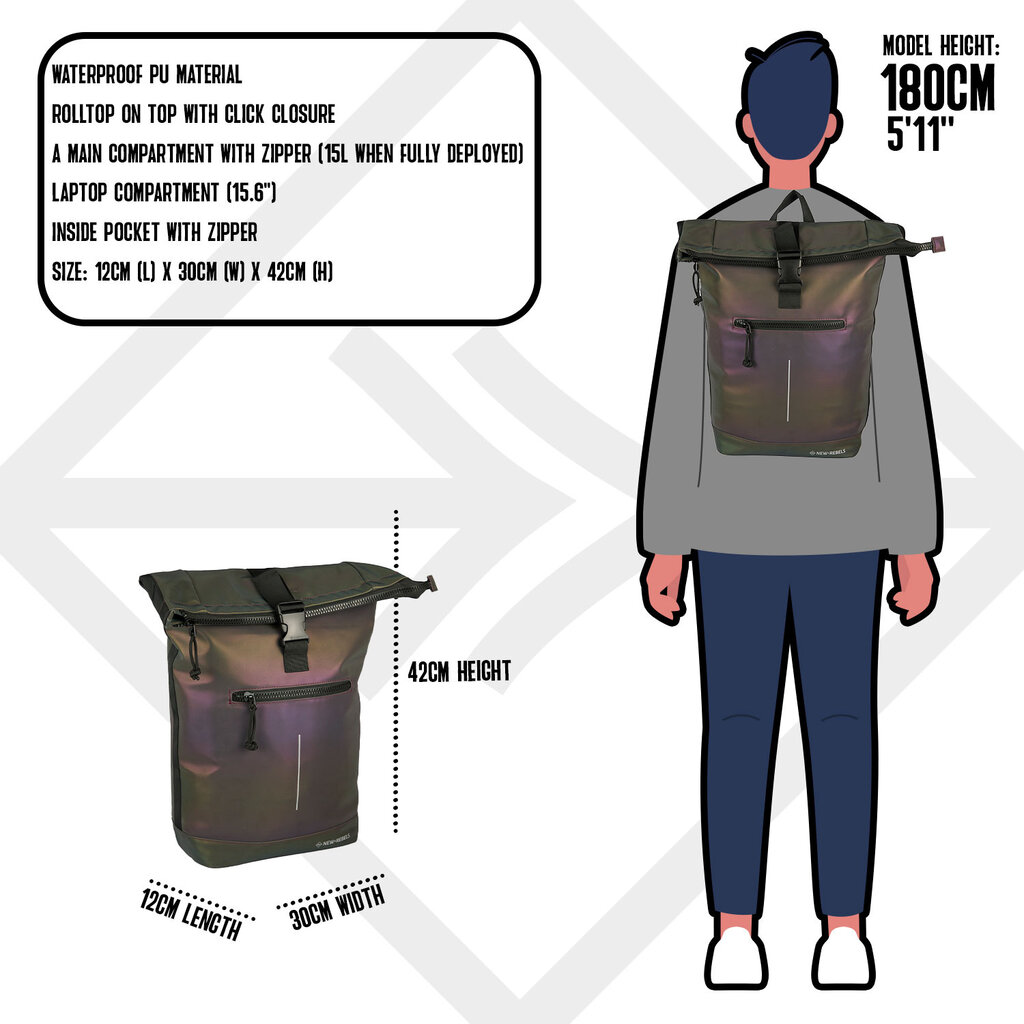 New Rebels New Rebels Reflect New York Two Tone 21L Rolltop Backpack Water Repellent Laptop 15.6"