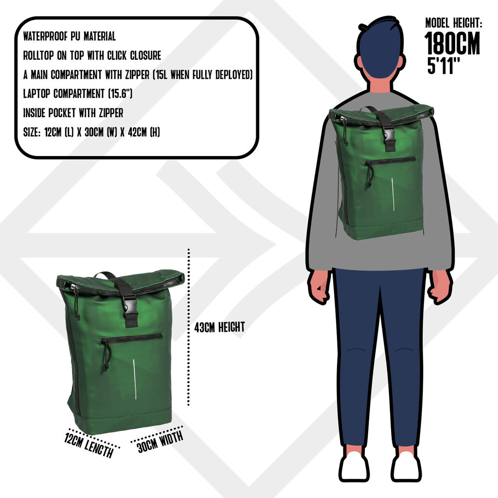 New Rebels New Rebels Mart New York Metallic Groen 21L Rugtas Rolltop Waterafstotend Laptop 15.6"