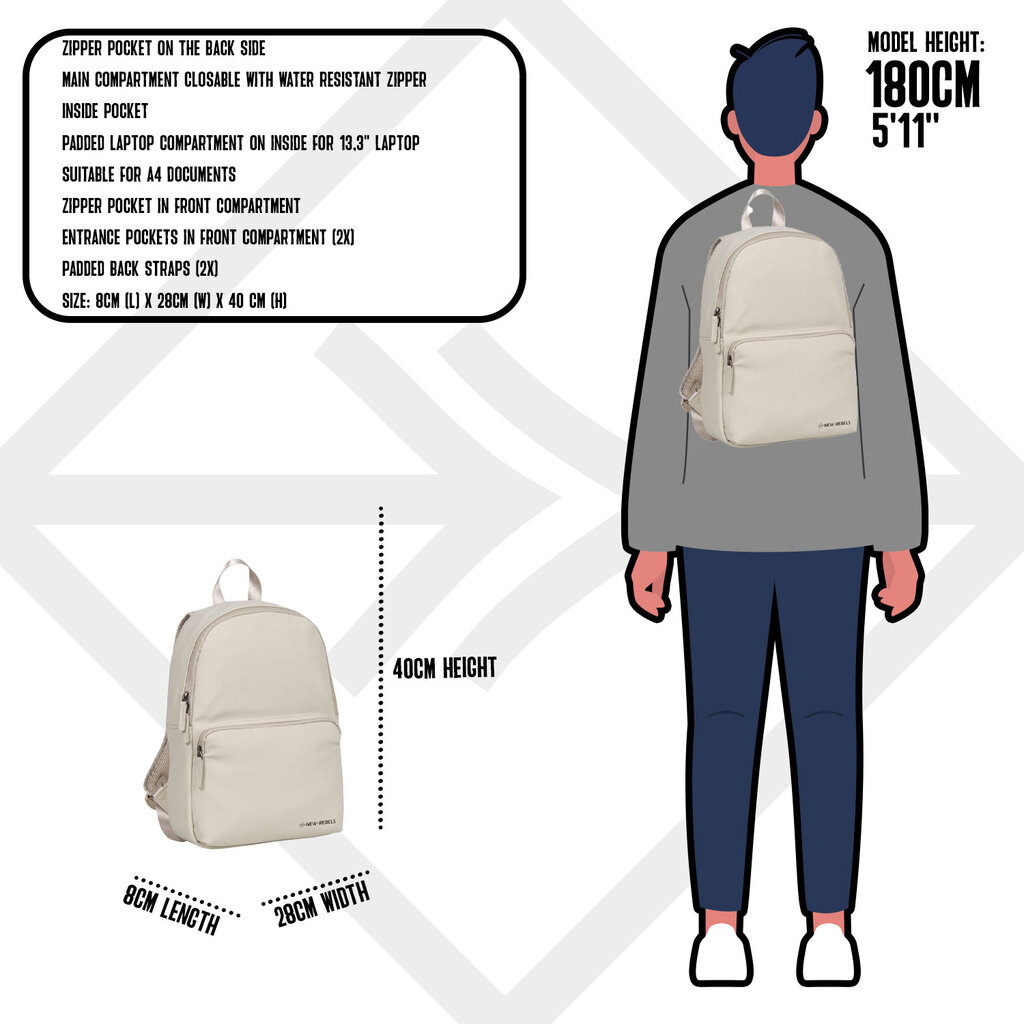 New Rebels ® Harper 2 - Backpack - Laptop compartiment - 11 Liter - Beige
