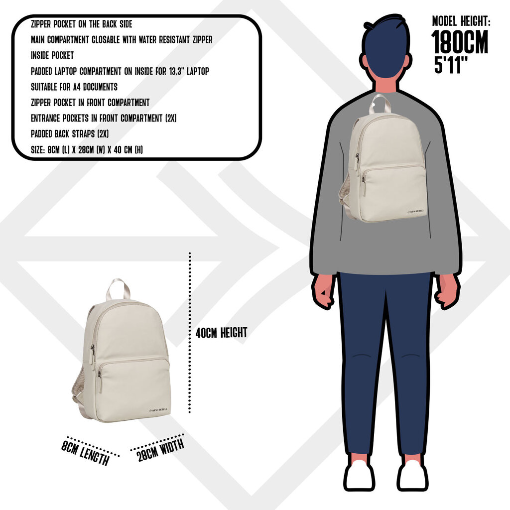 New Rebels Harper Providence Beige 12L Backpack Water Repellent Laptop 11.6"