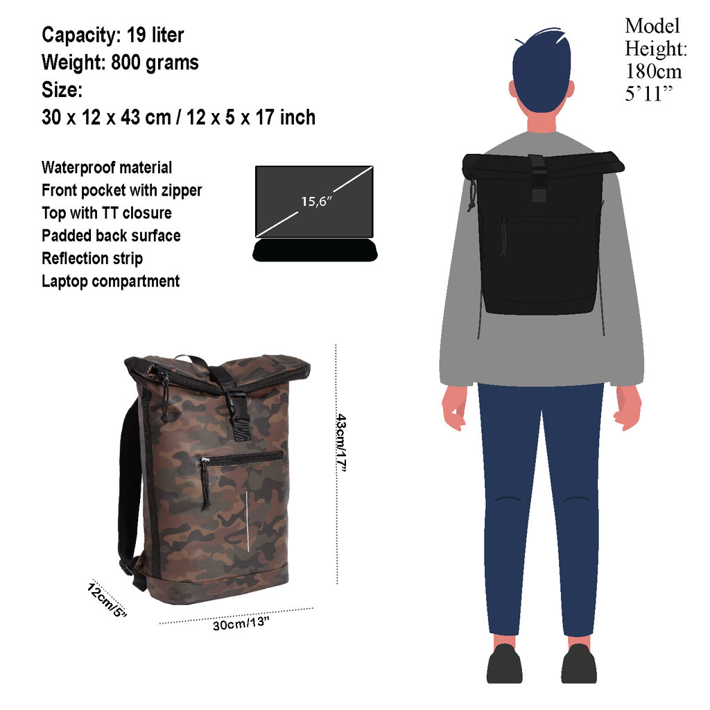 New Rebels New Rebels Mart New York Camouflage Grün 21L Rucksack Rolltop Wasserabweisend Laptop 15.6"