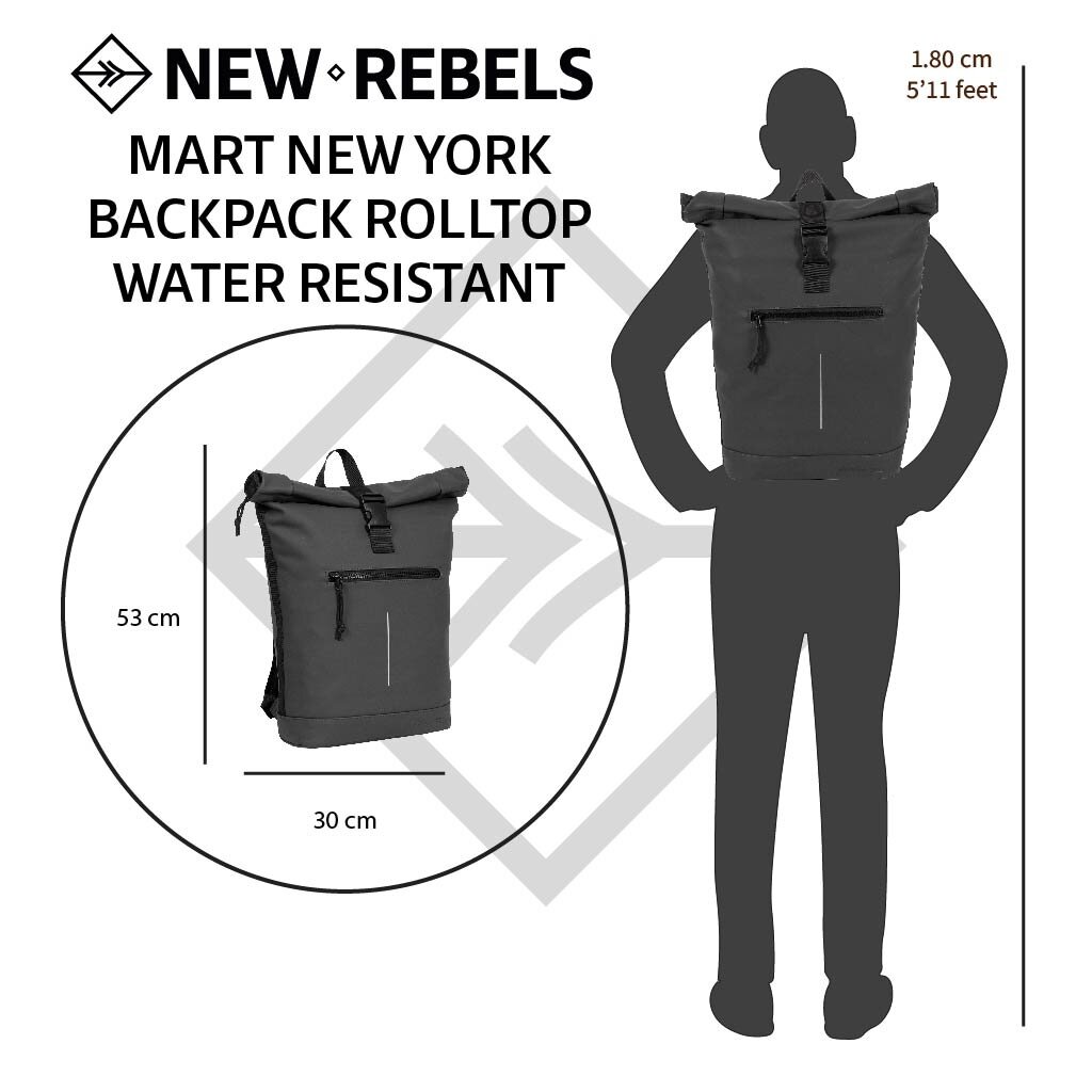 New Rebels Mart New York Zwart 19L Rugtas Rolltop Waterafstotend Laptop 15.6