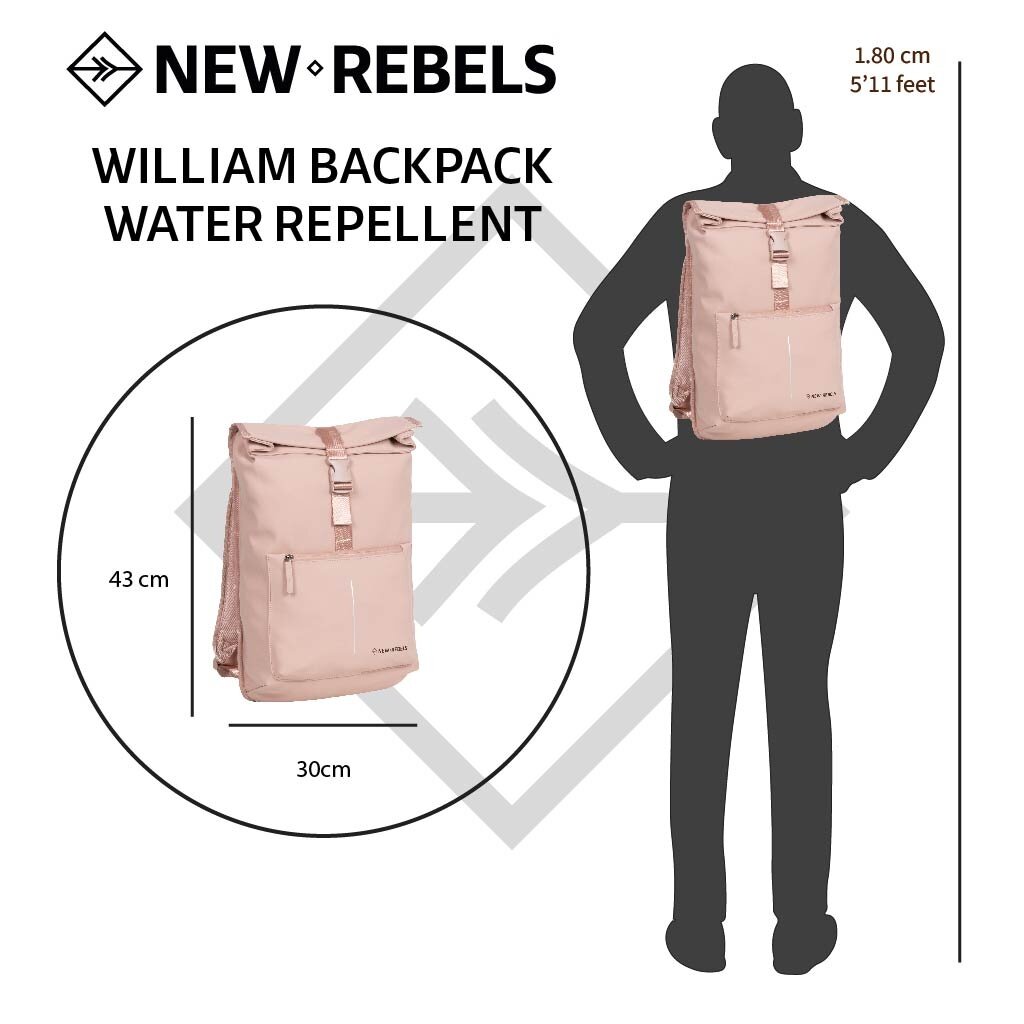 New Rebels William Baltimore Old Pink 13L Rolltop Backpack Water Repellent Laptop 14"