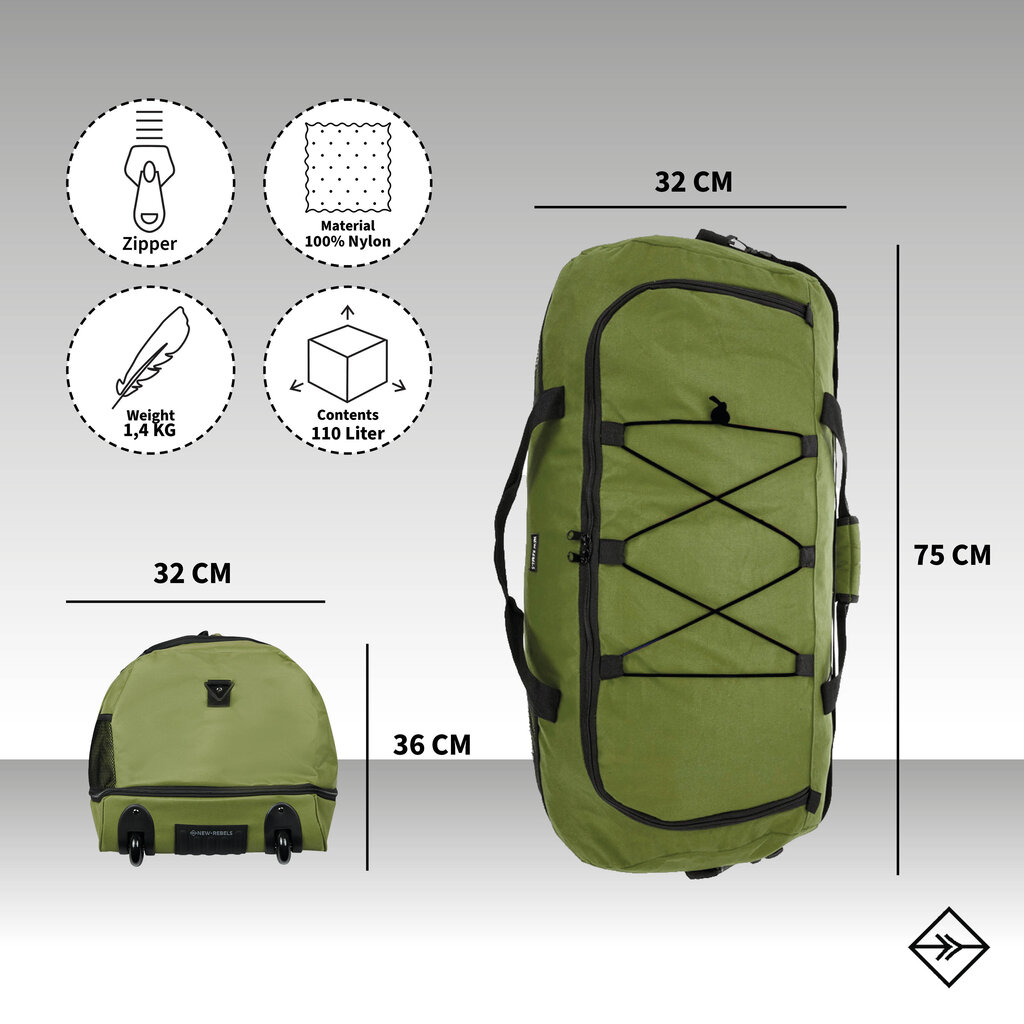 New Rebels New Rebels Nevada Newark Olive Green 110L Rollable Trolley Weekend Bag Water Repellent