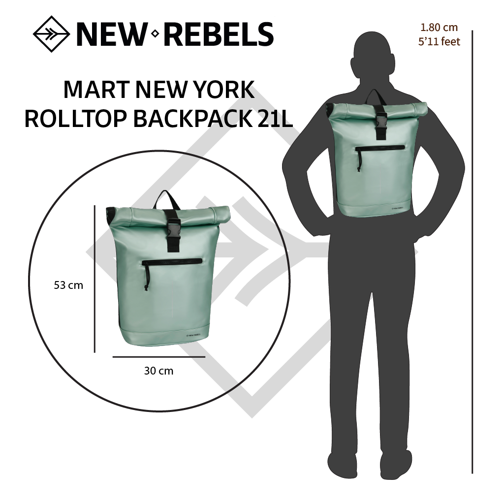 New Rebels New Rebels Mart New York Metallic Light Green 21L Backpack Rolltop Water Repellent Laptop 15.6"