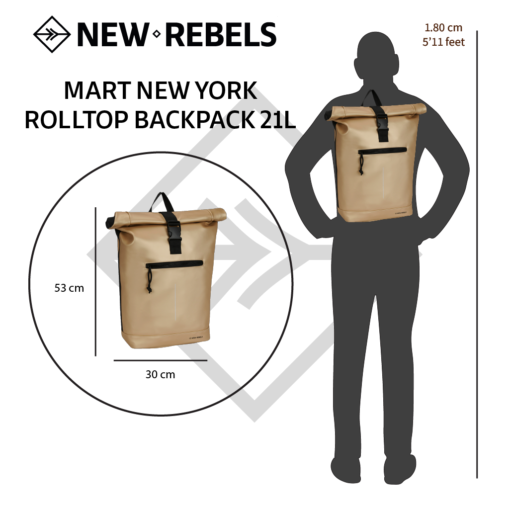 New Rebels New Rebels Mart New York Metallic Goud 21L Rugzak Rolltop Waterafstotend Laptop 15.6"
