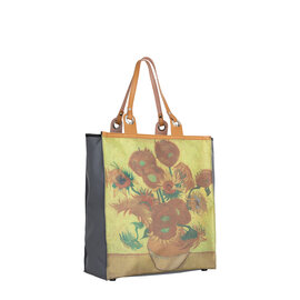New Rebels Boodschappentas ‘Sunflowers’ – Stevige Nylon Shopper met Leren Hengsels – Van Gogh Print – 39x43 cm