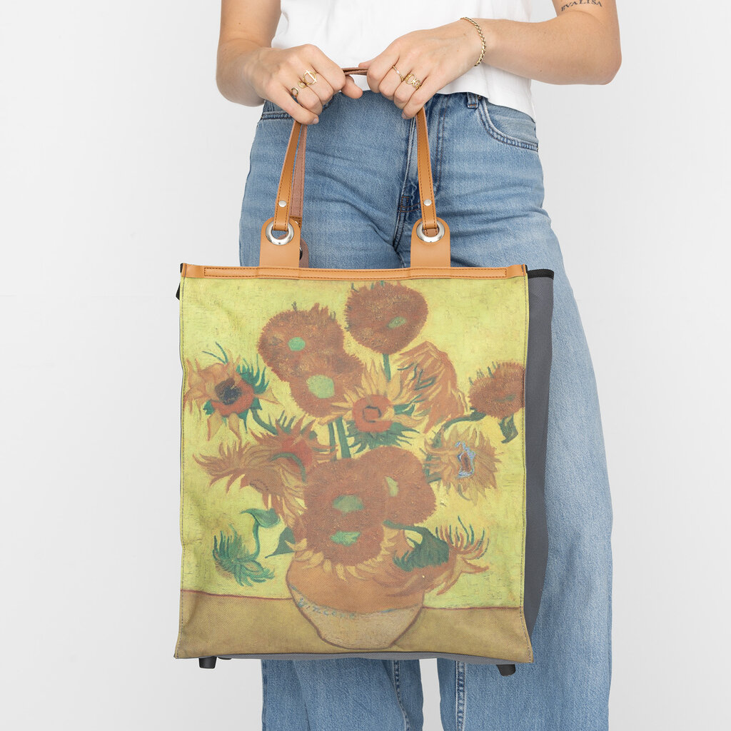 New Rebels New Rebels Boodschappentas ‘Sunflowers’ – Stevige Nylon Shopper met Leren Hengsels – Van Gogh Print – 39x43 cm
