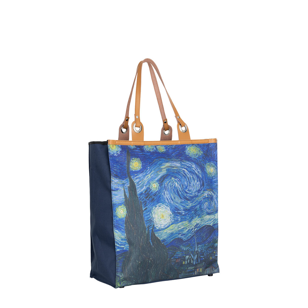Einkaufstasche ‘Starry Night’ – Robuster Nylon Shopper mit Ledergriffen – Van Gogh Print – 39x43 cm