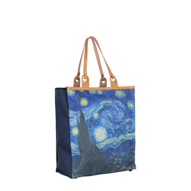 Boodschappentas ‘Starry Night ’ – Stevige Nylon Shopper met Leren Hengsels – Van Gogh Print – 39x43 cm
