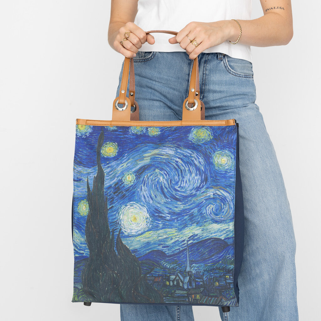 Boodschappentas ‘Starry Night ’ – Stevige Nylon Shopper met Leren Hengsels – Van Gogh Print – 39x43 cm