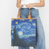 Boodschappentas ‘Starry Night ’ – Stevige Nylon Shopper met Leren Hengsels – Van Gogh Print – 39x43 cm