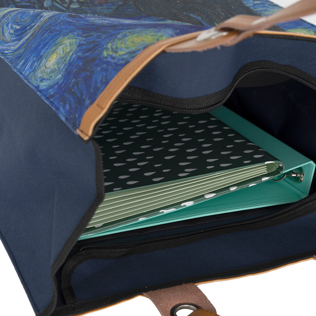 Shopping Bag ‘Starry Night’ – Durable Nylon Tote with Leather Handles – Van Gogh Print – 39x43 cm