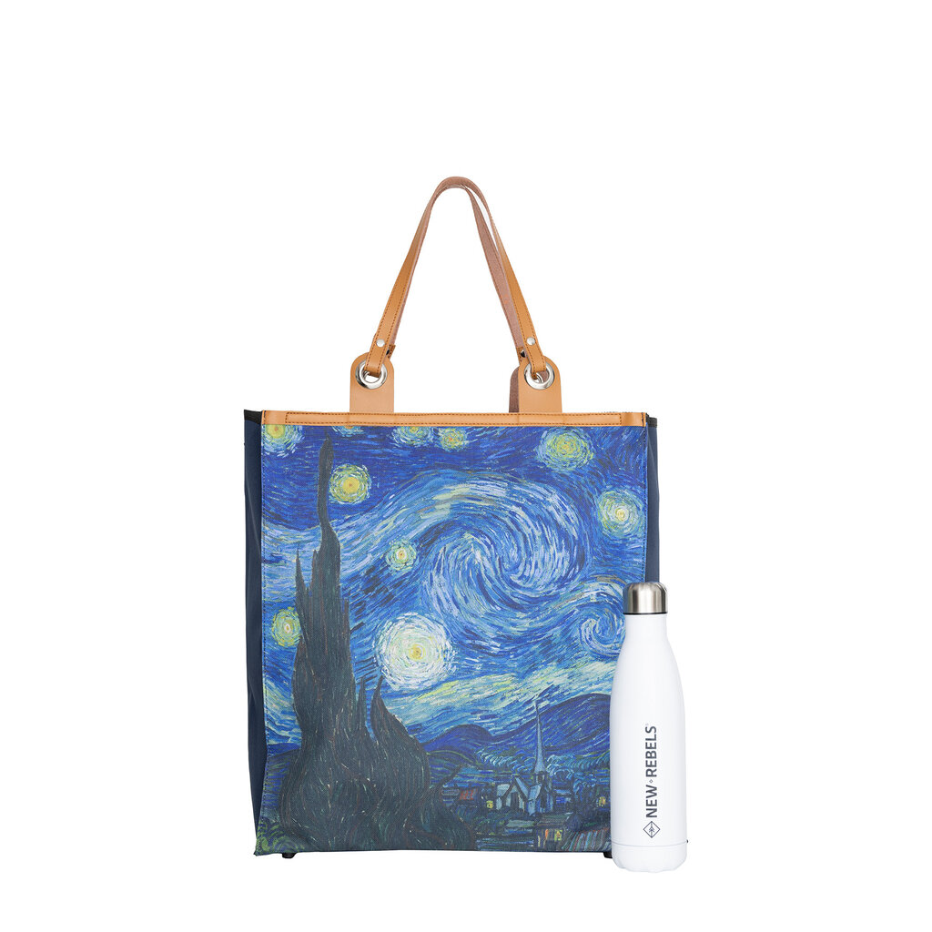 Boodschappentas ‘Starry Night ’ – Stevige Nylon Shopper met Leren Hengsels – Van Gogh Print – 39x43 cm