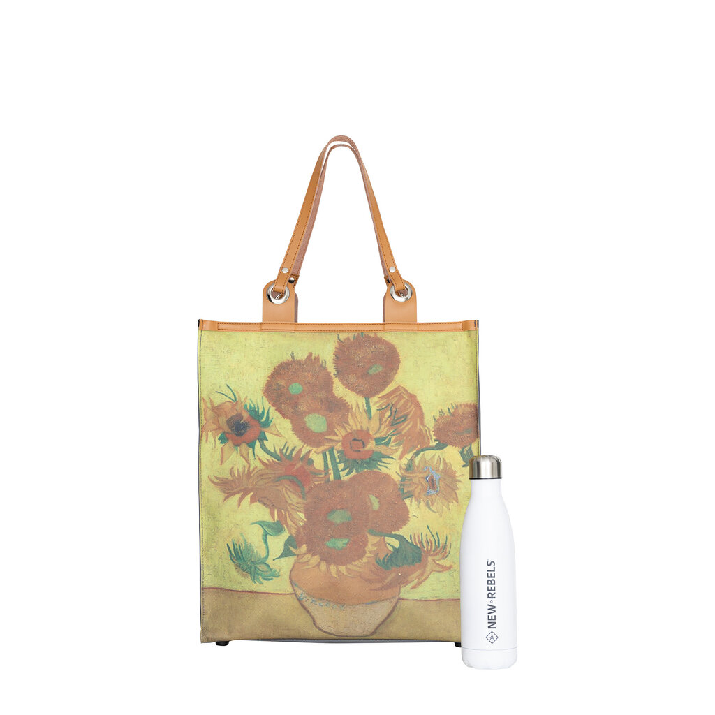 New Rebels New Rebels Einkaufstasche ‘Sunflowers’ – Robuste Nylon Shopper mit Ledergriffen – Van Gogh Motiv – 39x43 cm
