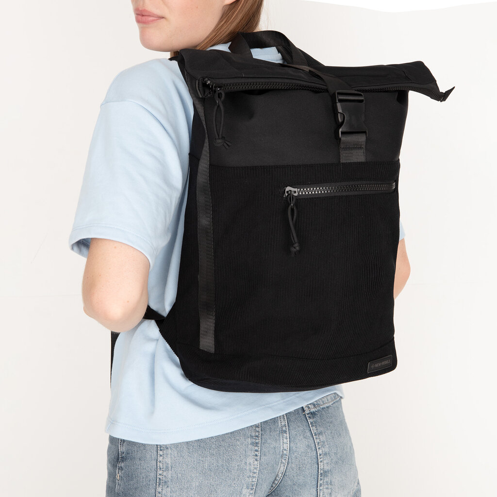 New Rebels New Rebels New York Ribbi Rolltop Rucksack 17–21L Schulrucksack & Arbeitstasche Rippstoff Laptop Rucksack 15,6 Zoll Schwarz