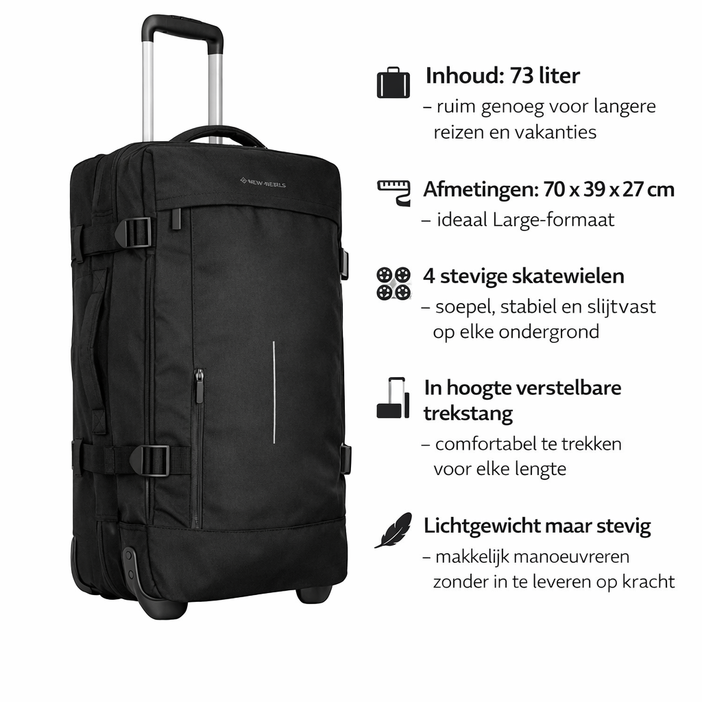 New Rebels New Rebels Gassaway Trolley Large Black | Large Suitcase 73L | Lightweight Suitcase with Double Wheels | 70x39x27 cm | Black