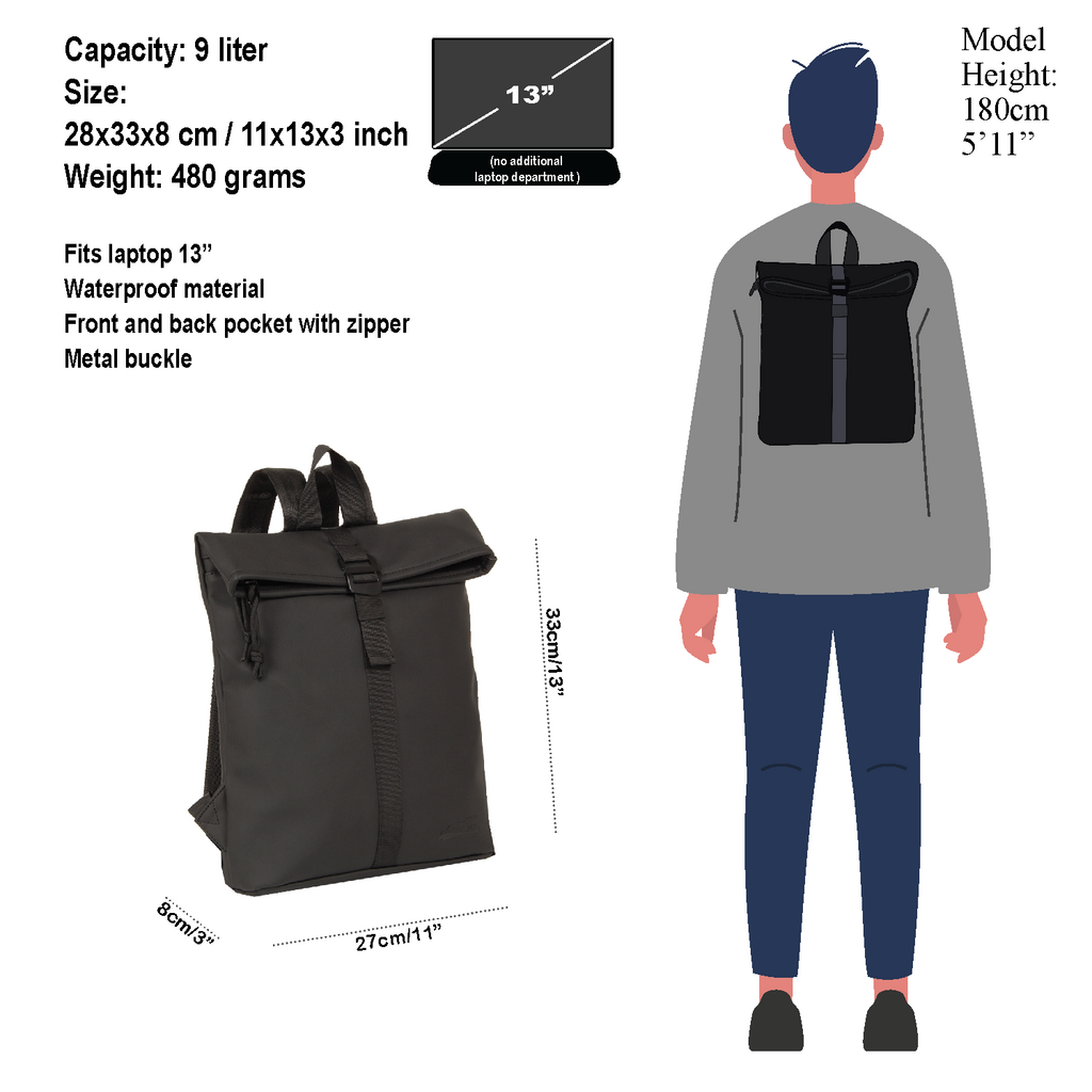 New Rebels New Rebels Mart Los Angeles Black 7L Rolltop Backpack Water Repellent