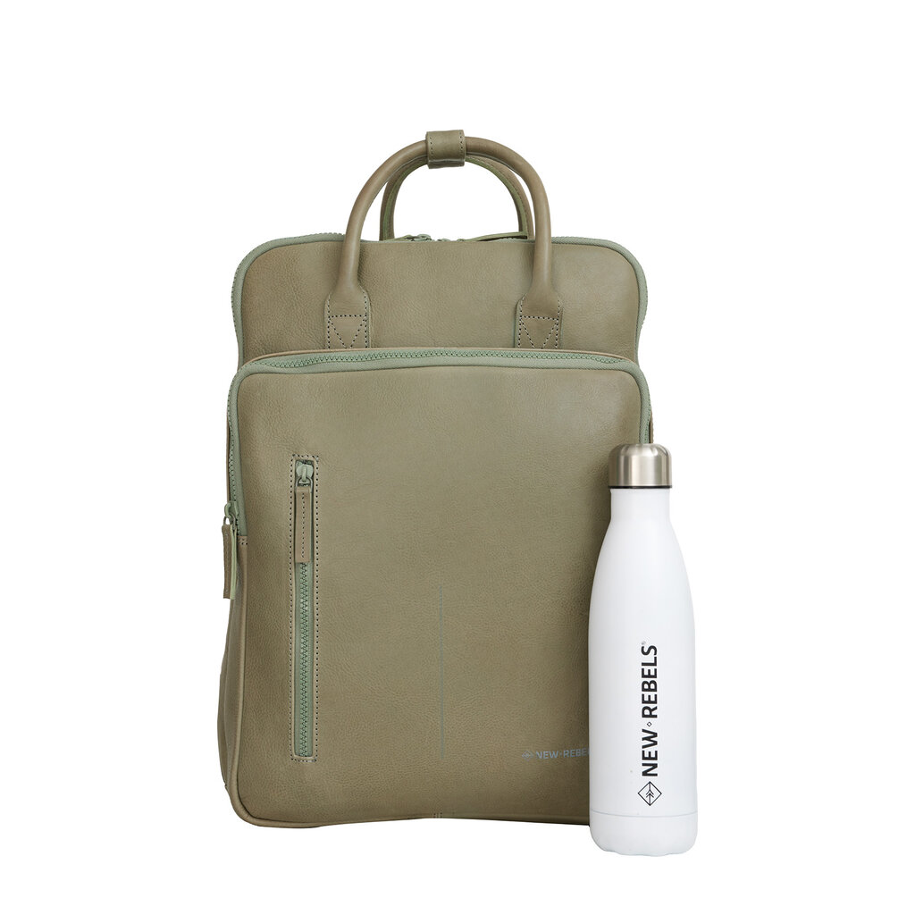 New Rebels New Rebels Obsidian Milwaukee Saliegroen Leren Laptoprugzak 15.6 inch Premium Werktas Schooltas Business 18 Liter Echt Leer